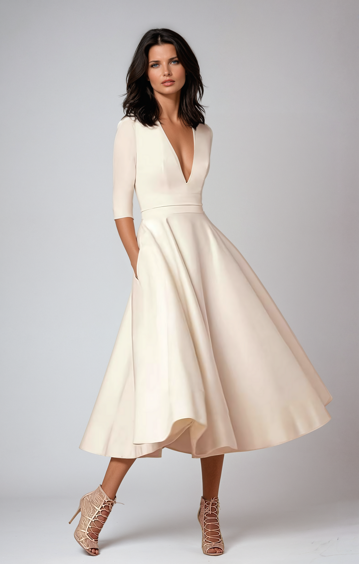 Ada | Graceful V-Neck Flared Midi Christmas Dress