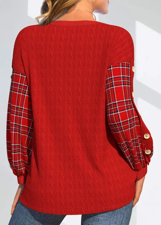 Ada | Stylish Cable Knit Ladies Xmas Jumper with Checked Sleeves