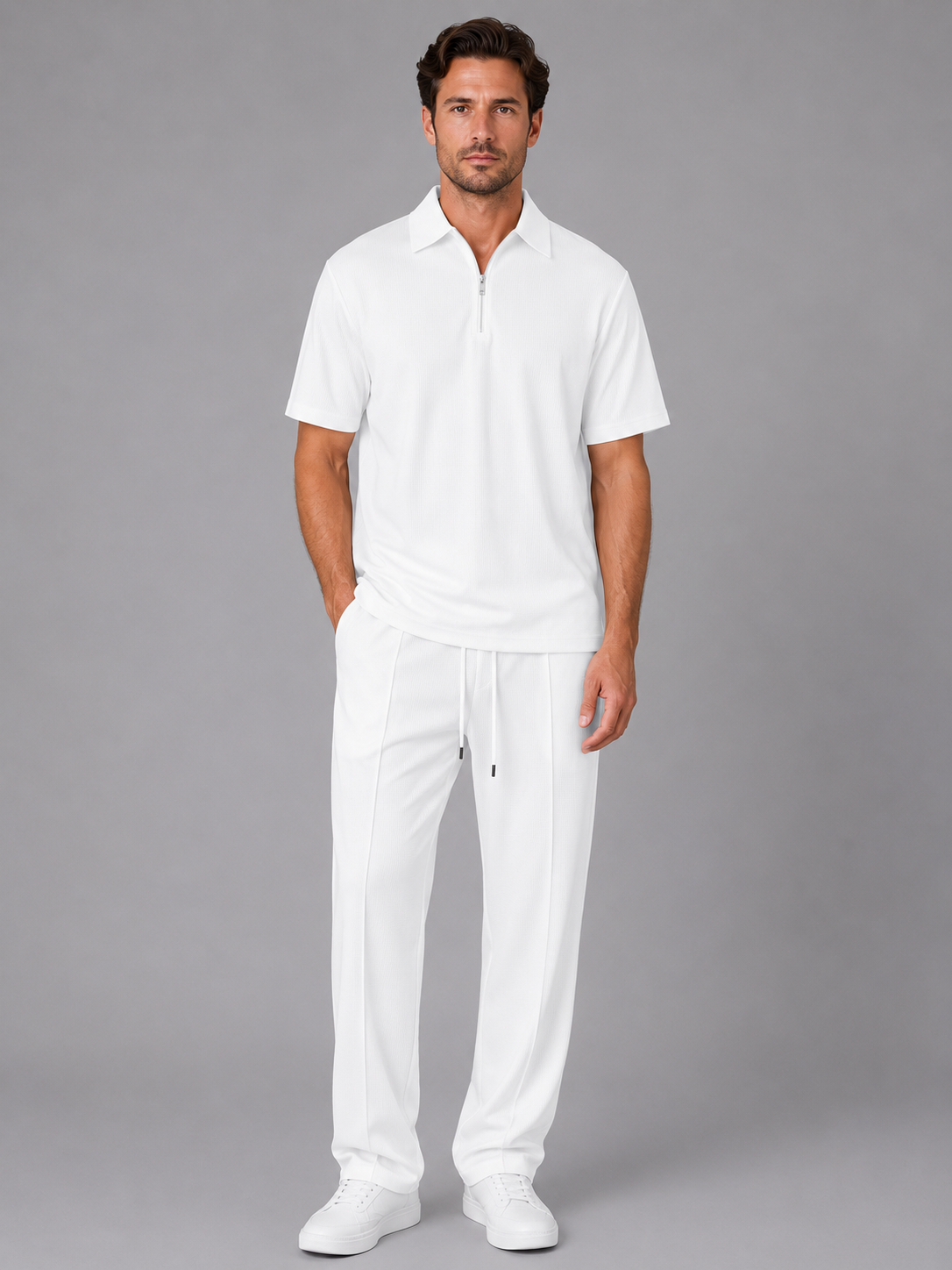 Adam | Effortless Waffle Knit Zip Neck Polo Tracksuit Set