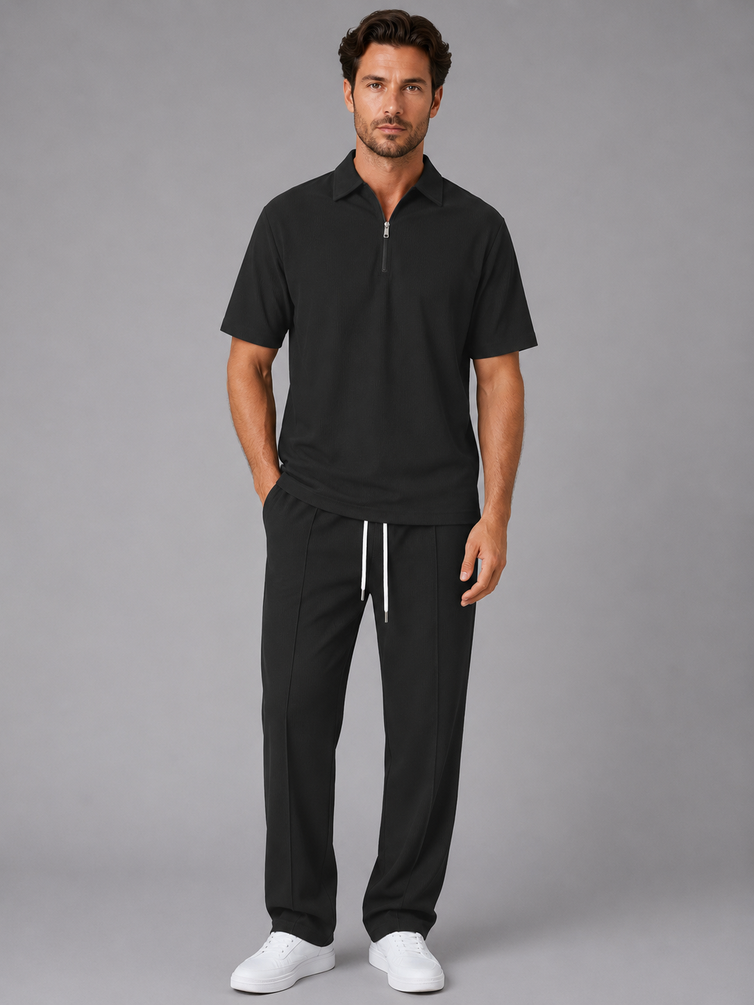 Adam | Effortless Waffle Knit Zip Neck Polo Tracksuit Set
