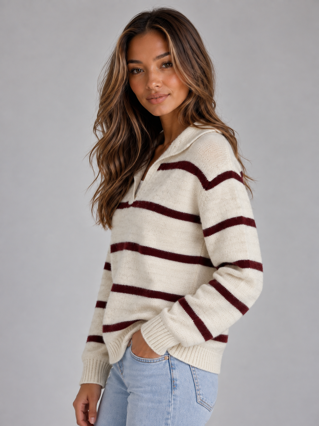 Alice | Classic Striped Collared V-Neck Womens Knit Jumper