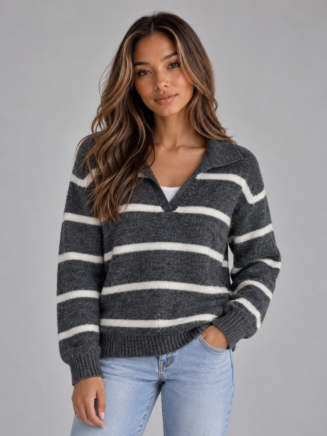 Alice | Classic Striped Collared V-Neck Womens Knit Jumper