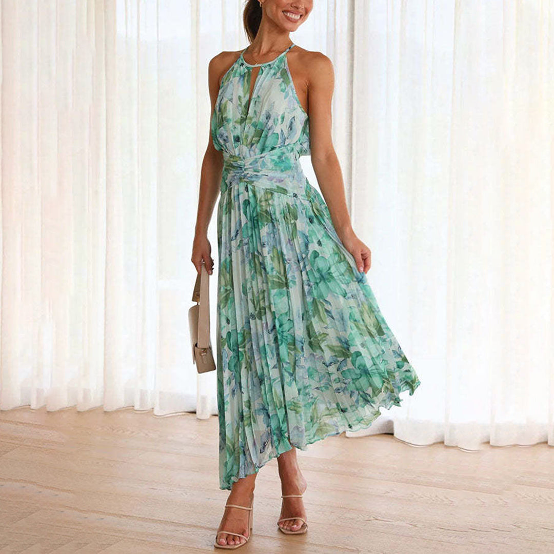 Alice | Polished Pleated Floral Halter Cocktail Dress