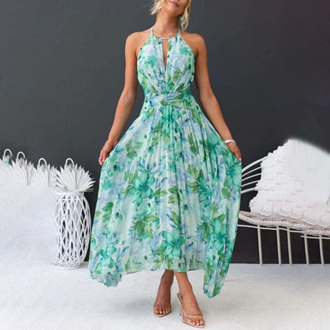 Alice | Polished Pleated Floral Halter Cocktail Dress
