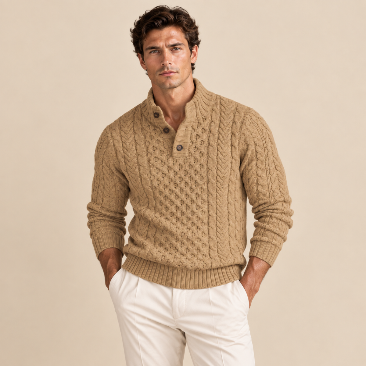 Archie | Cable Knit Button Neck Mens Knit Jumper