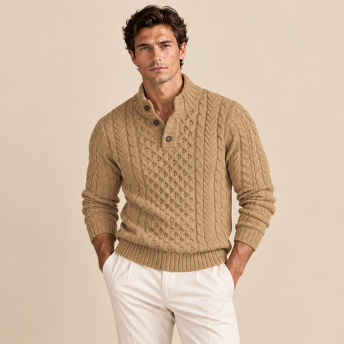 Archie | Cable Knit Button Neck Mens Knit Jumper