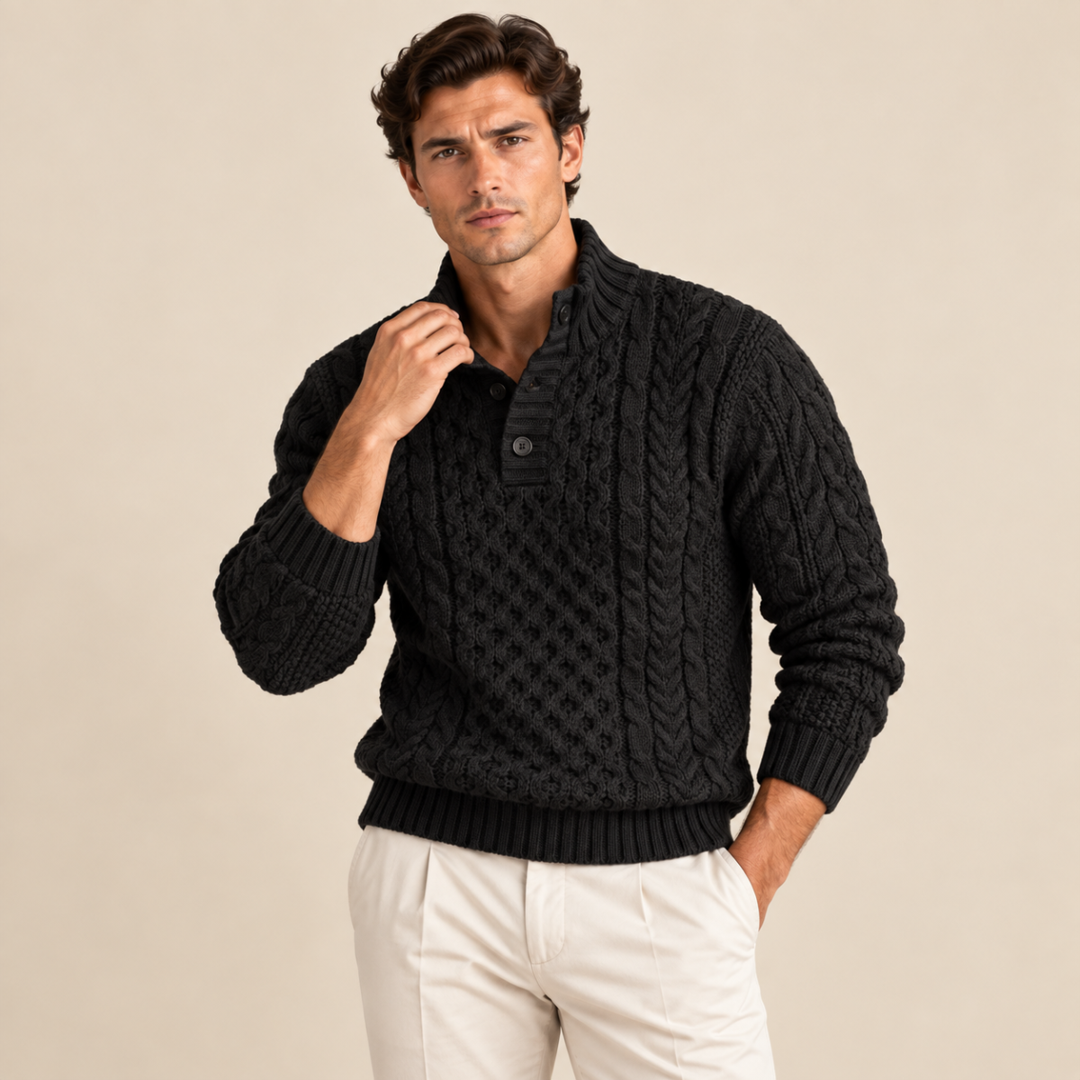 Archie | Cable Knit Button Neck Mens Knit Jumper