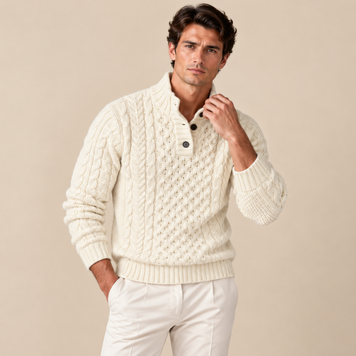Archie | Cable Knit Button Neck Mens Knit Jumper