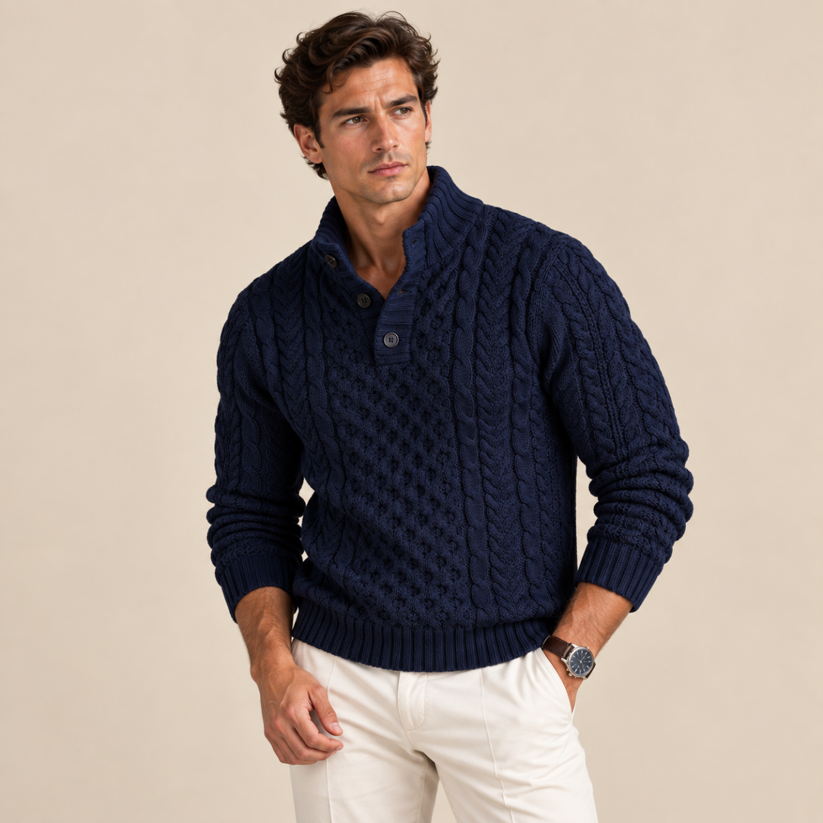 Archie | Cable Knit Button Neck Mens Knit Jumper