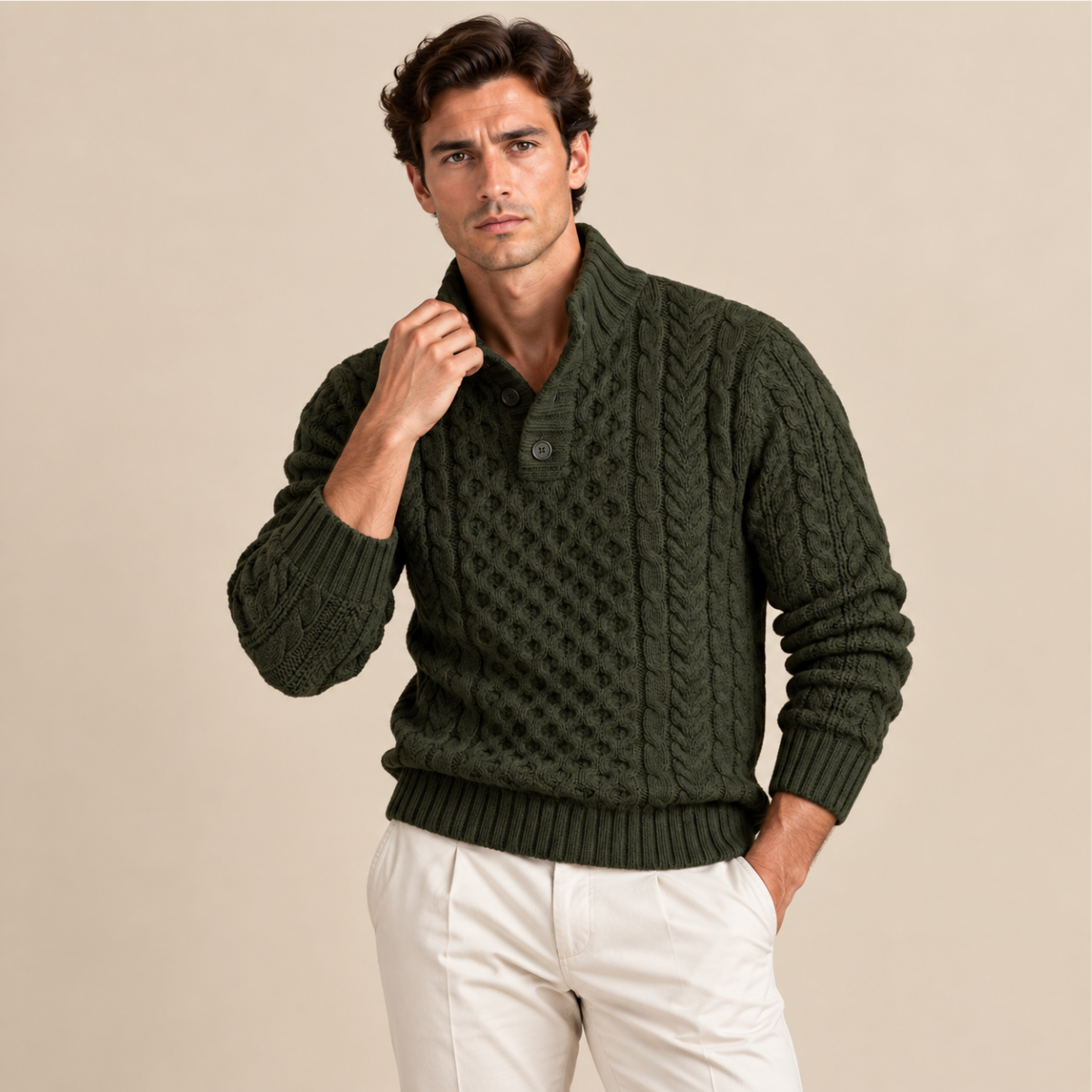 Archie | Cable Knit Button Neck Mens Knit Jumper