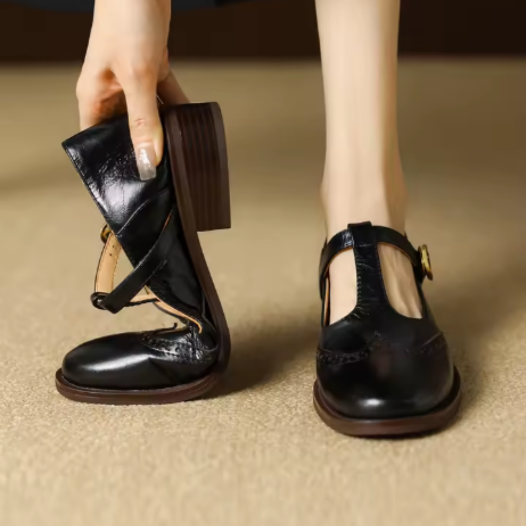 Aria | Polished T-Bar Brogue Mary Jane Shoes