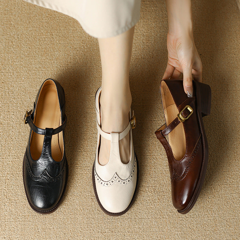 Aria | Polished T-Bar Brogue Mary Jane Shoes