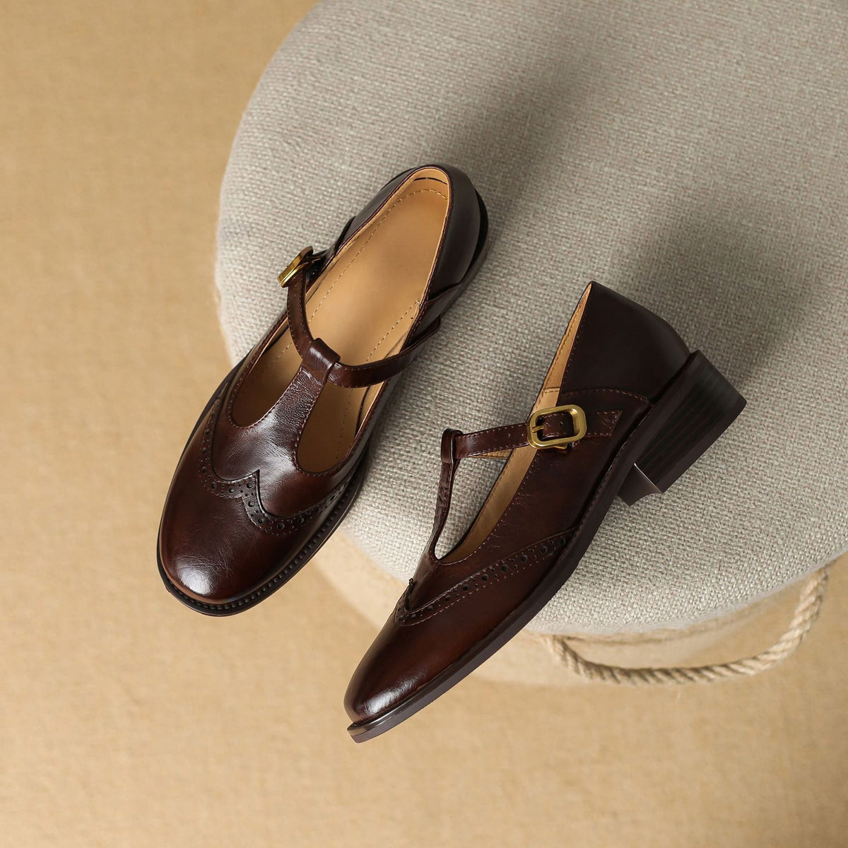 Aria | Polished T-Bar Brogue Mary Jane Shoes