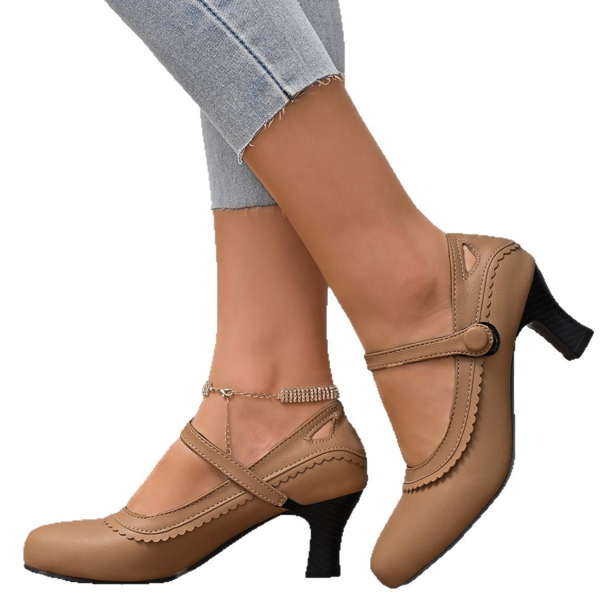 Ava | Classic Scalloped Mary Jane Block Heel Pumps