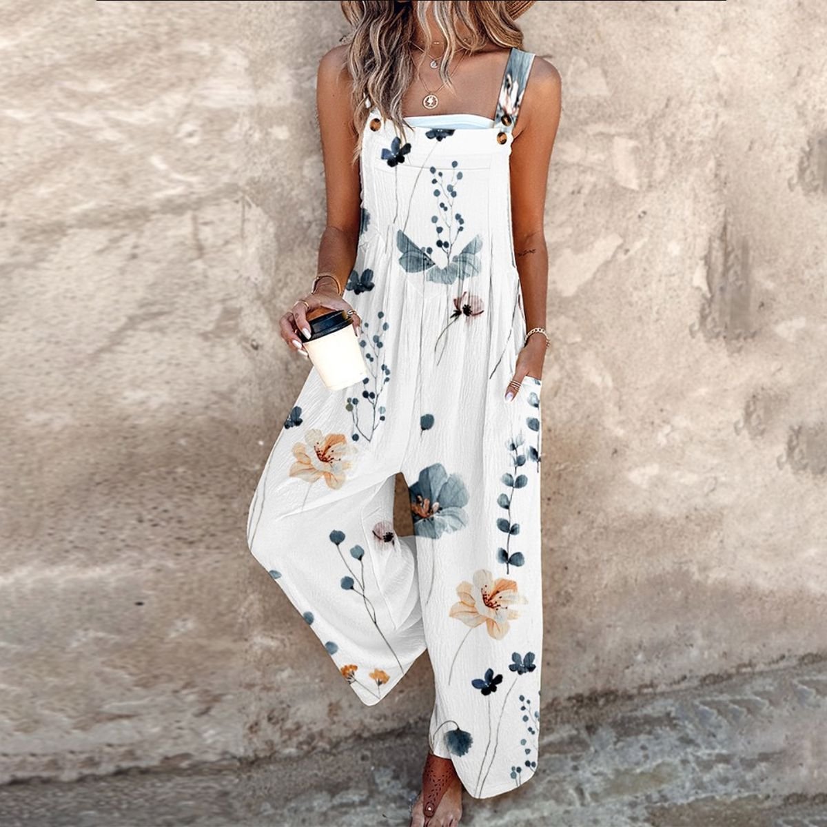 Ava | Sophisticated Floral Wide Leg Dungaree Jumpsuit