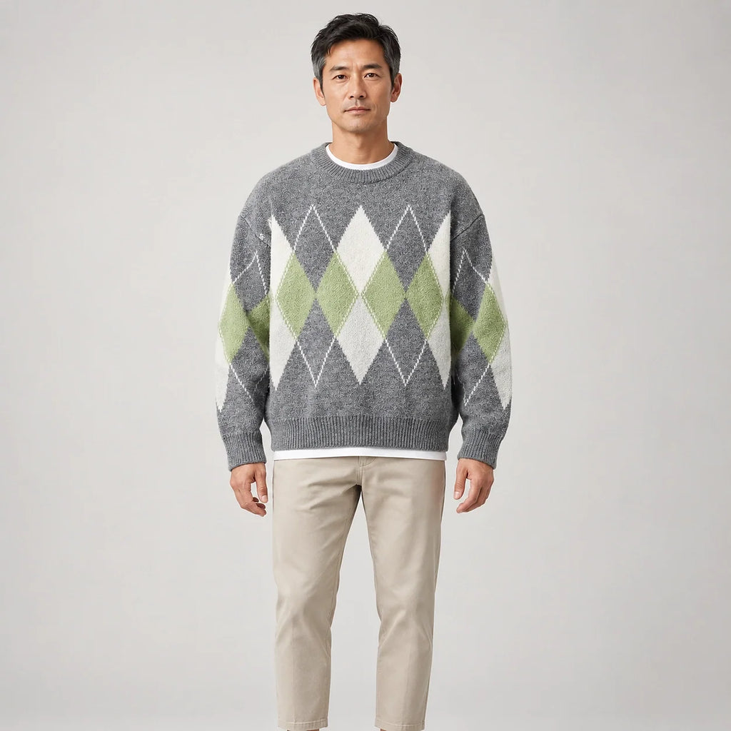 Benjamin | Cosy Oversized Crew Neck Mens Argyle Jumper