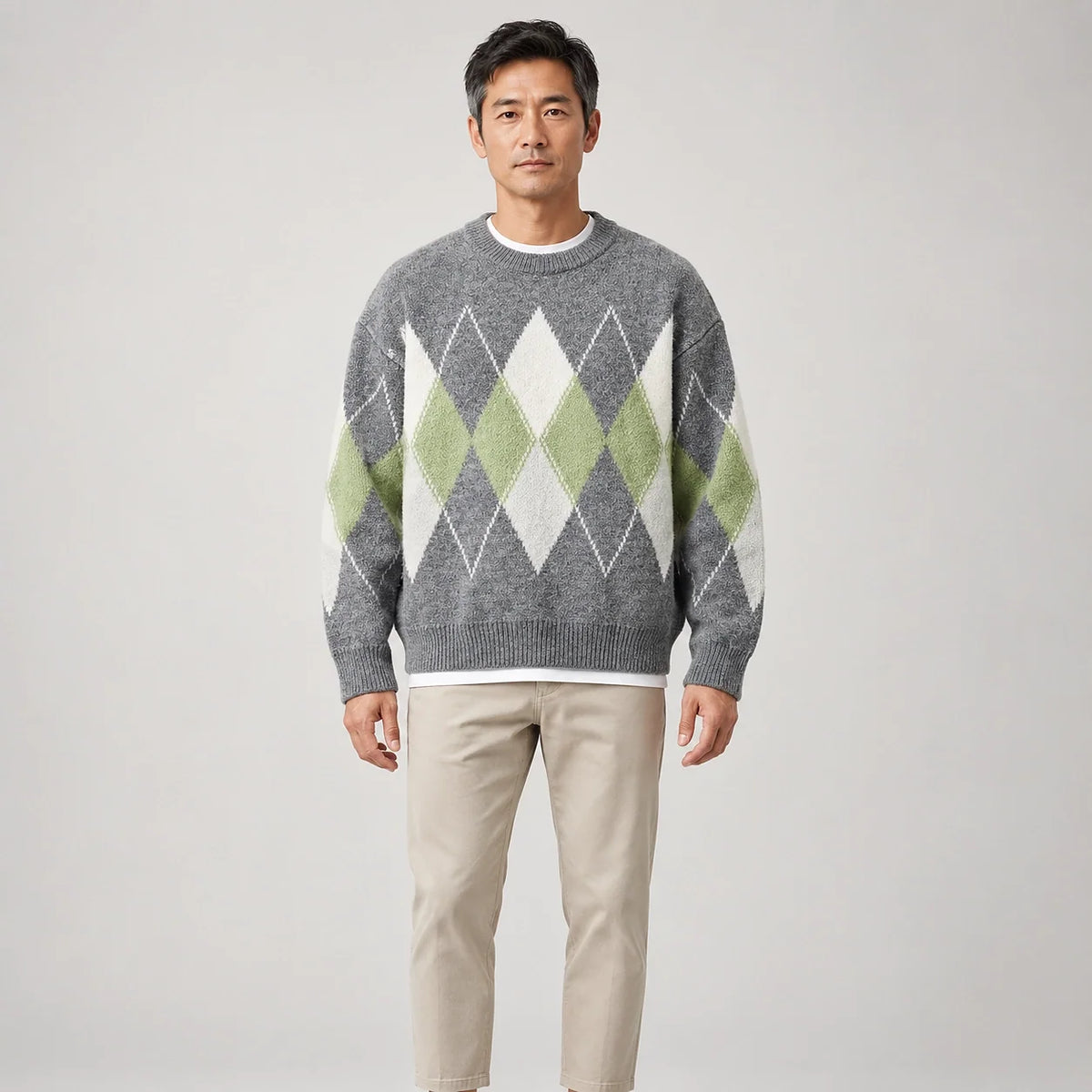 Benjamin | Cosy Oversized Crew Neck Mens Argyle Jumper