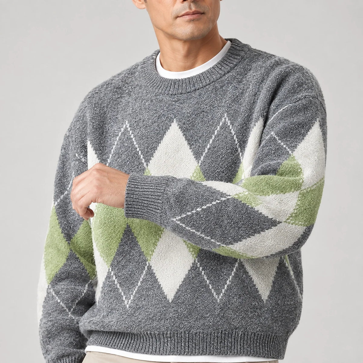 Benjamin | Cosy Oversized Crew Neck Mens Argyle Jumper