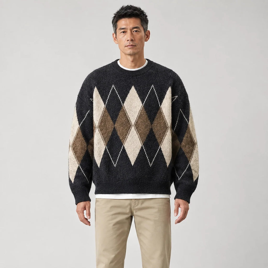 Benjamin | Cosy Oversized Crew Neck Mens Argyle Jumper