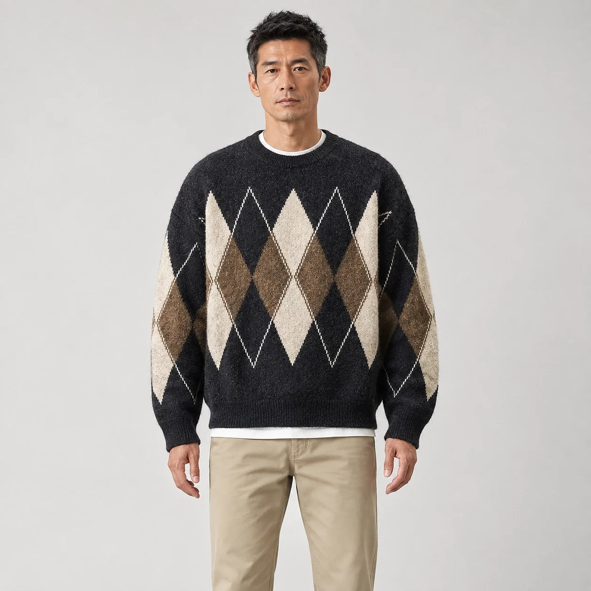 Benjamin | Cosy Oversized Crew Neck Mens Argyle Jumper
