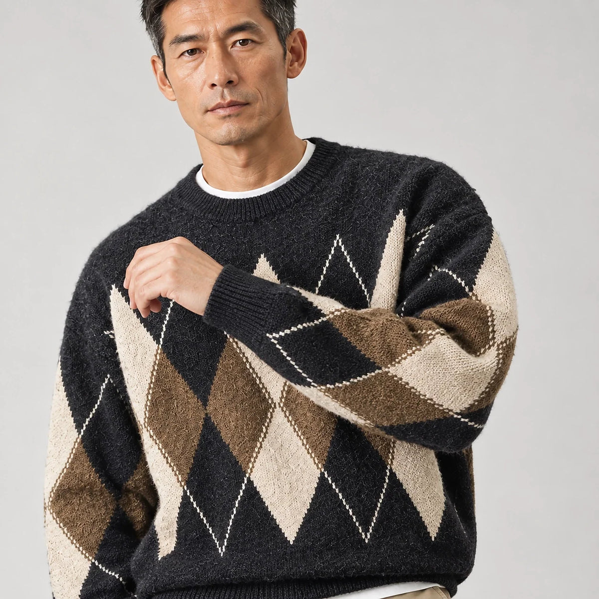 Benjamin | Cosy Oversized Crew Neck Mens Argyle Jumper