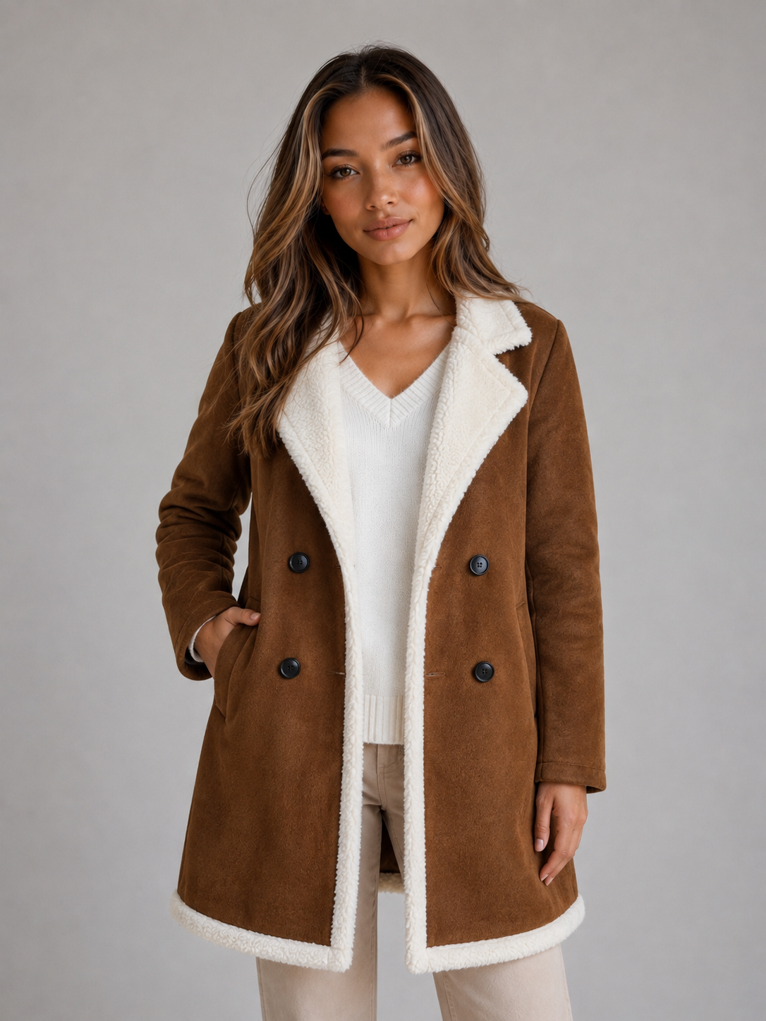 Chloe | Polished Longline Shearling Coat with Teddy Trim