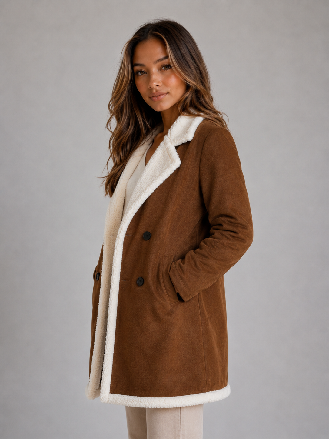 Chloe | Polished Longline Shearling Coat with Teddy Trim