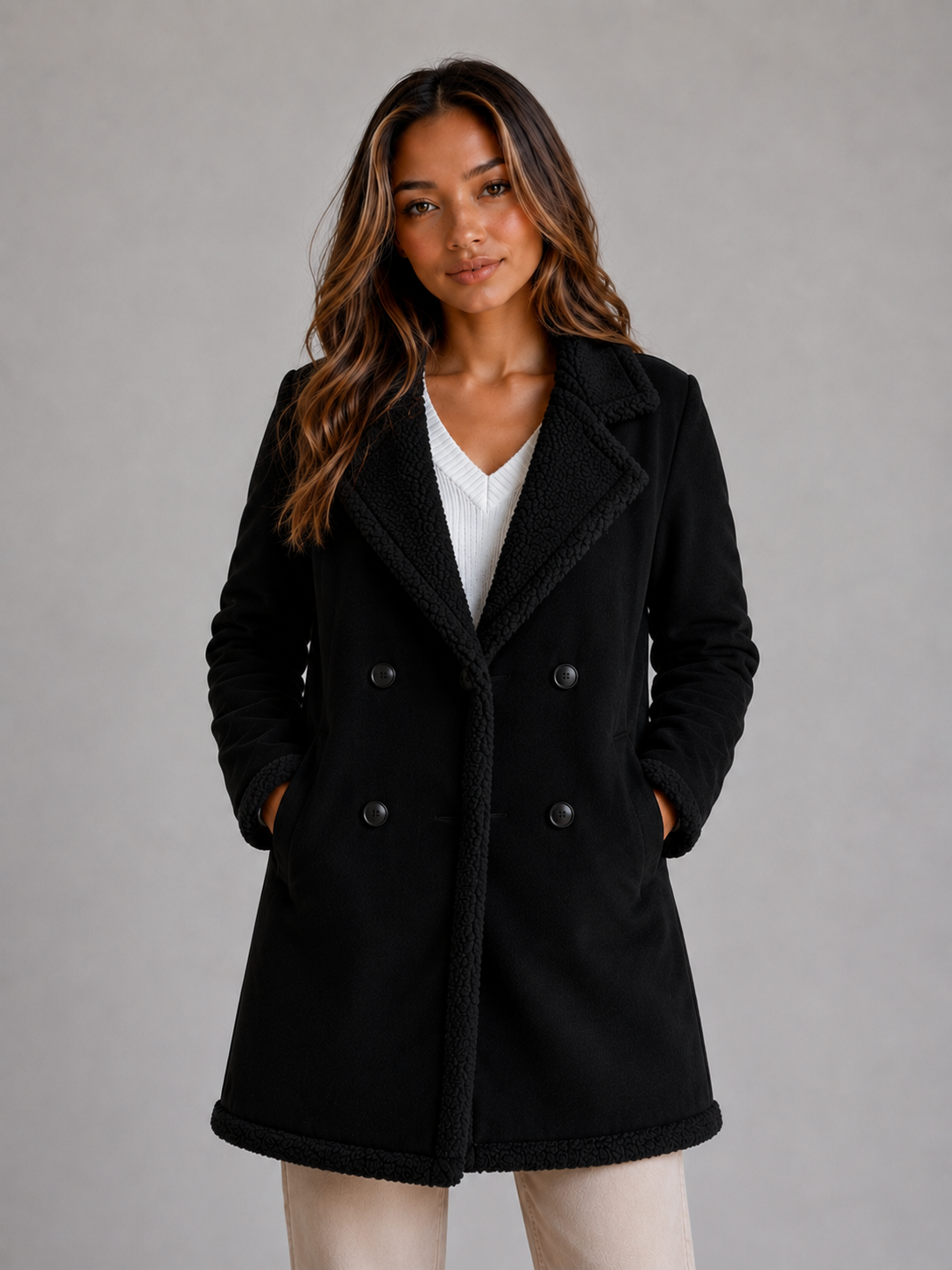 Chloe | Polished Longline Shearling Coat with Teddy Trim