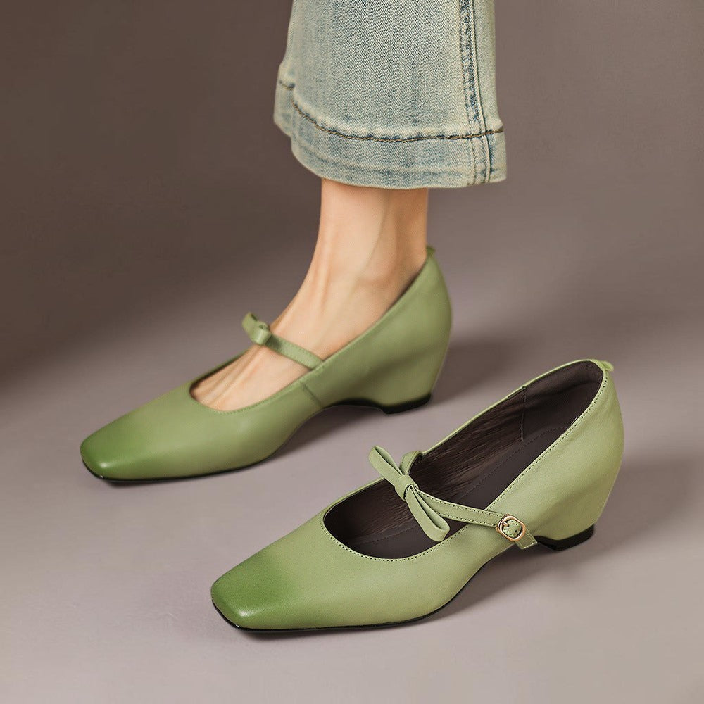 Clara | Refined Bow Strap Mary Jane Shoes with Wedge Heel