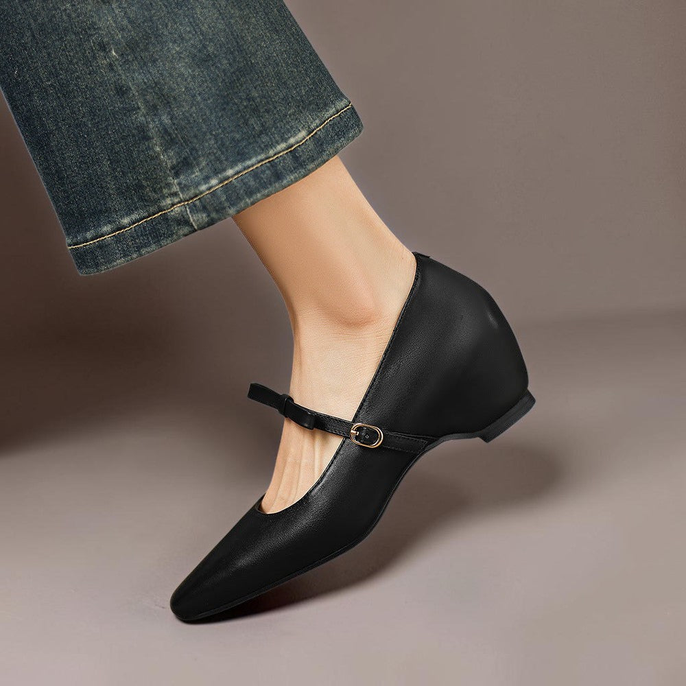 Clara | Refined Bow Strap Mary Jane Shoes with Wedge Heel