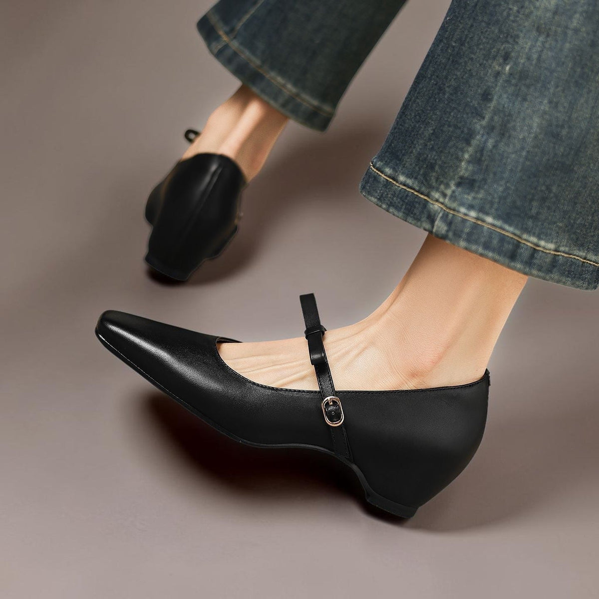 Clara | Refined Bow Strap Mary Jane Shoes with Wedge Heel