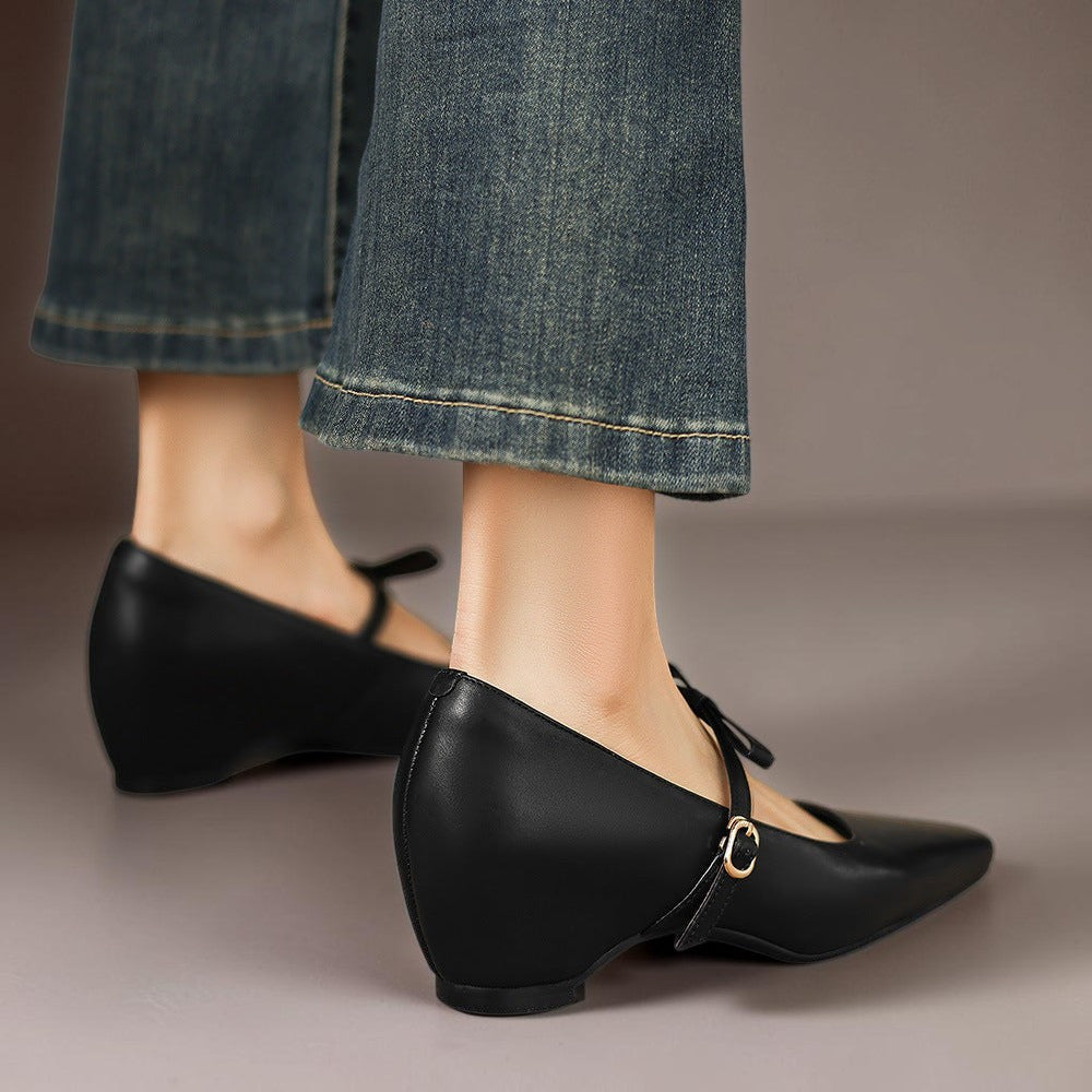 Clara | Refined Bow Strap Mary Jane Shoes with Wedge Heel