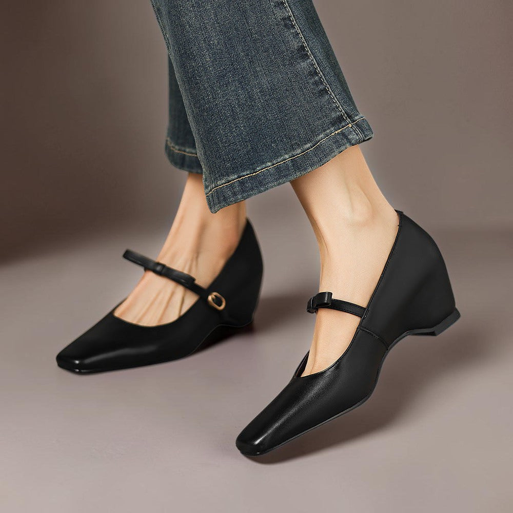 Clara | Refined Bow Strap Mary Jane Shoes with Wedge Heel