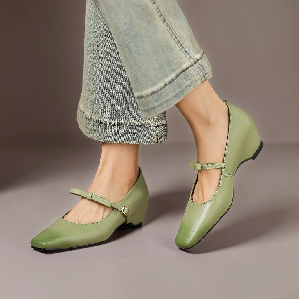 Clara | Refined Bow Strap Mary Jane Shoes with Wedge Heel