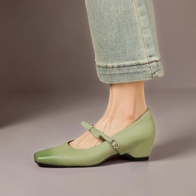 Clara | Refined Bow Strap Mary Jane Shoes with Wedge Heel