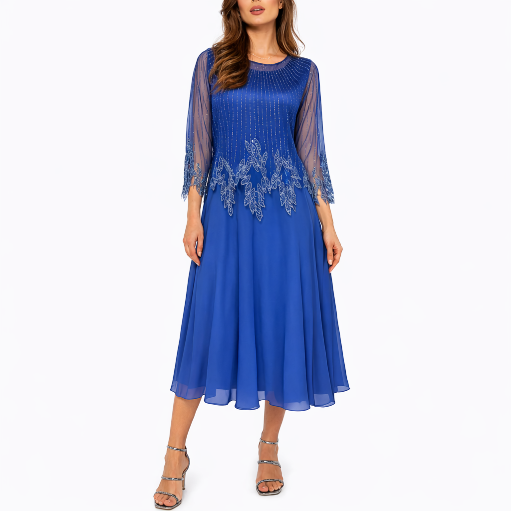 Clara | Timeless Beaded Sheer Sleeve Midi Christmas Dress