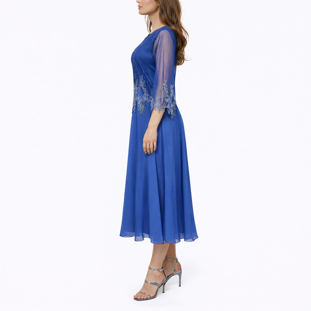 Clara | Timeless Beaded Sheer Sleeve Midi Christmas Dress