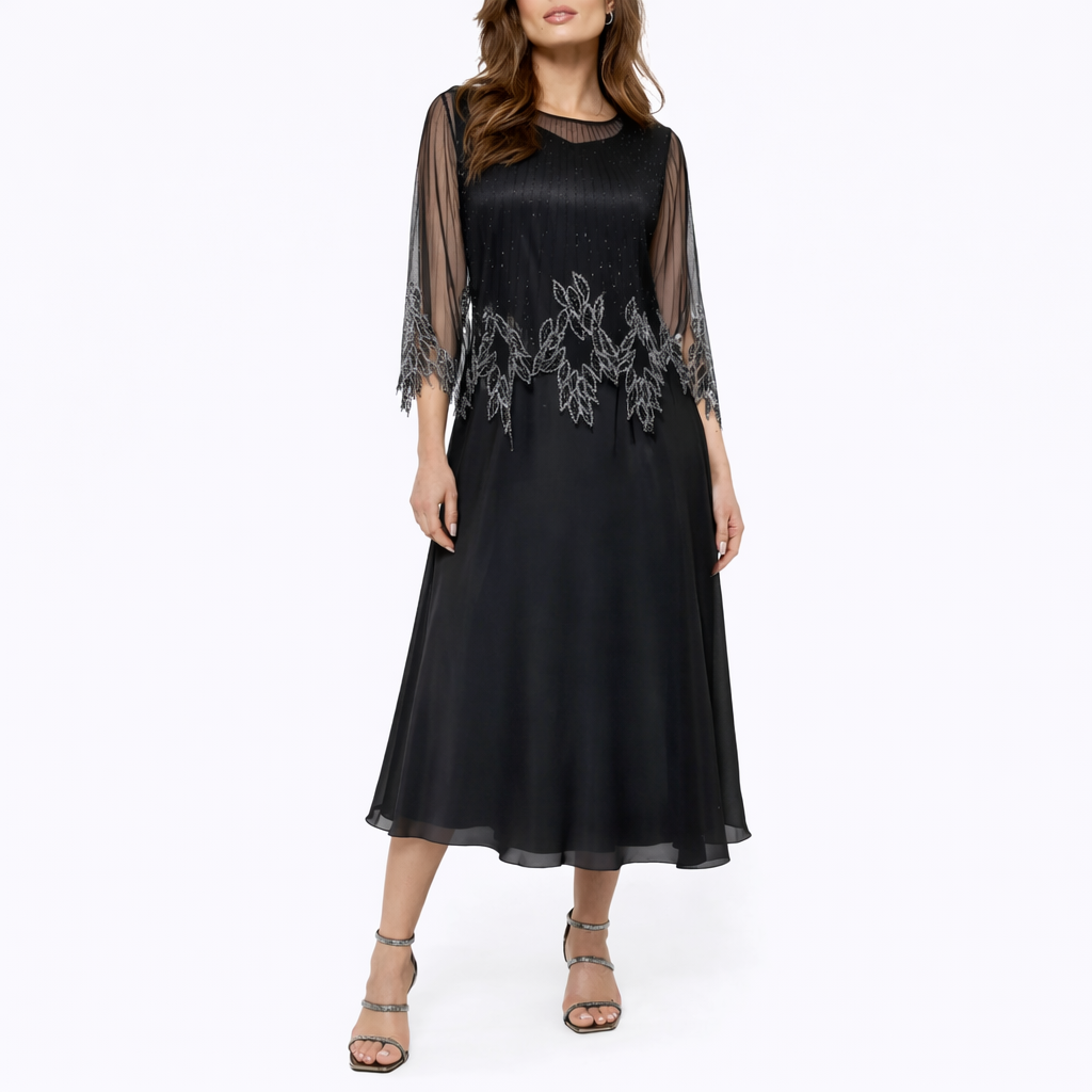 Clara | Timeless Beaded Sheer Sleeve Midi Christmas Dress