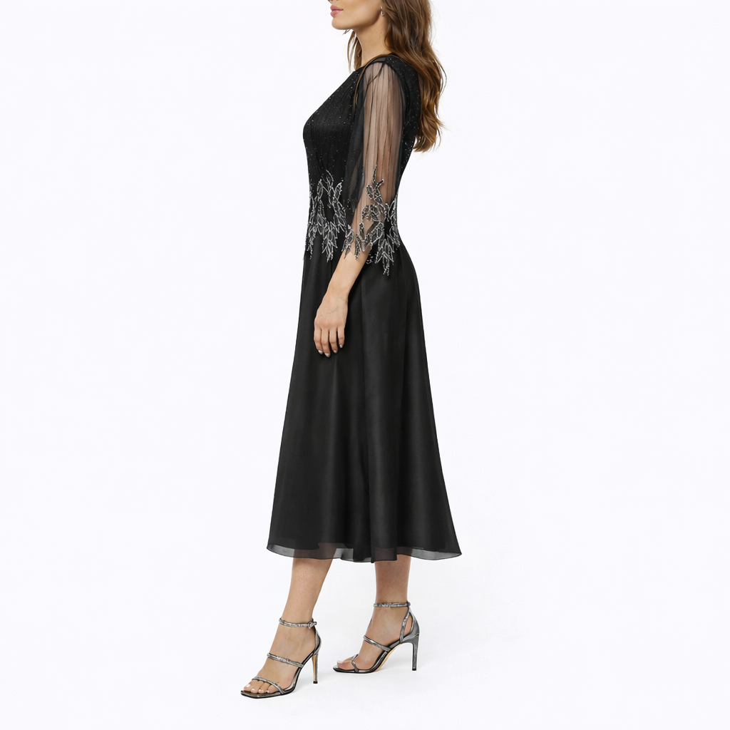 Clara | Timeless Beaded Sheer Sleeve Midi Christmas Dress