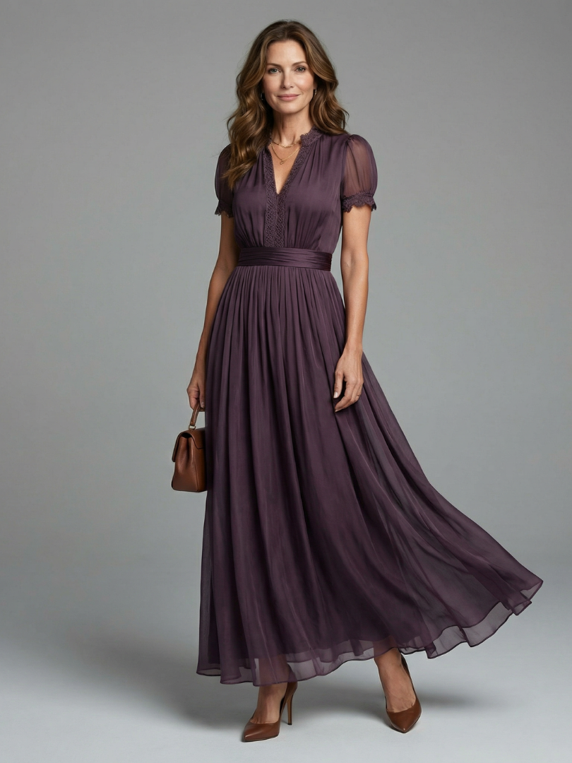 Daisy | Effortless Pleated Maxi Christmas Dress with Lace Trim