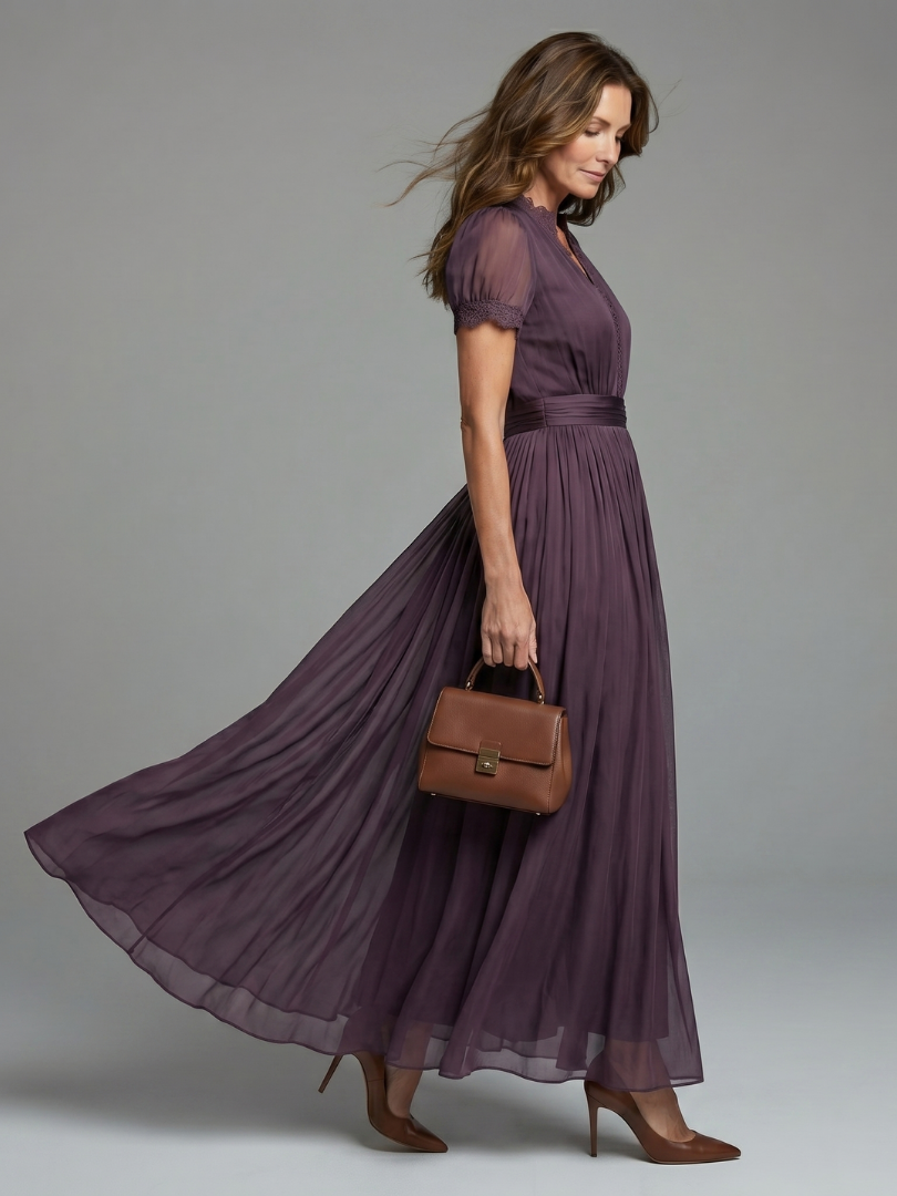 Daisy | Effortless Pleated Maxi Christmas Dress with Lace Trim