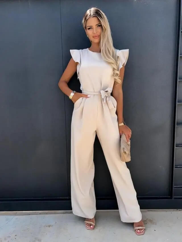Daisy | Timeless Belted Wide Leg Jumpsuit with Flutter Sleeves