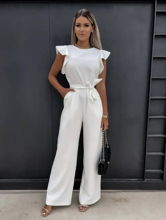Daisy | Timeless Belted Wide Leg Jumpsuit with Flutter Sleeves