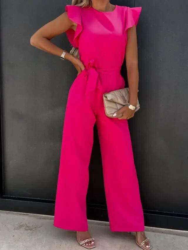 Daisy | Timeless Belted Wide Leg Jumpsuit with Flutter Sleeves