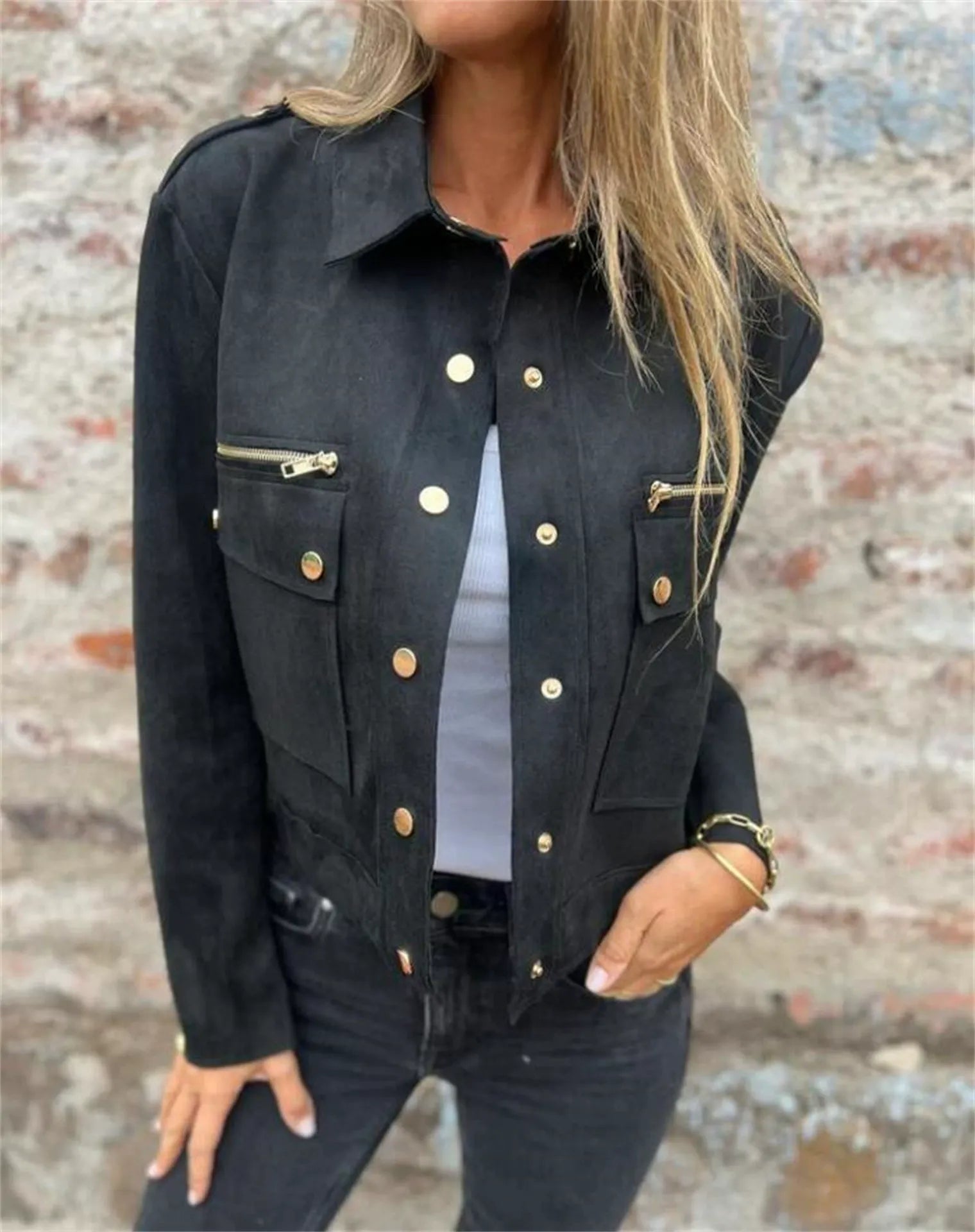 Darcie | Stylish Tailored Suede-Look Jacket with Zip and Button Detail