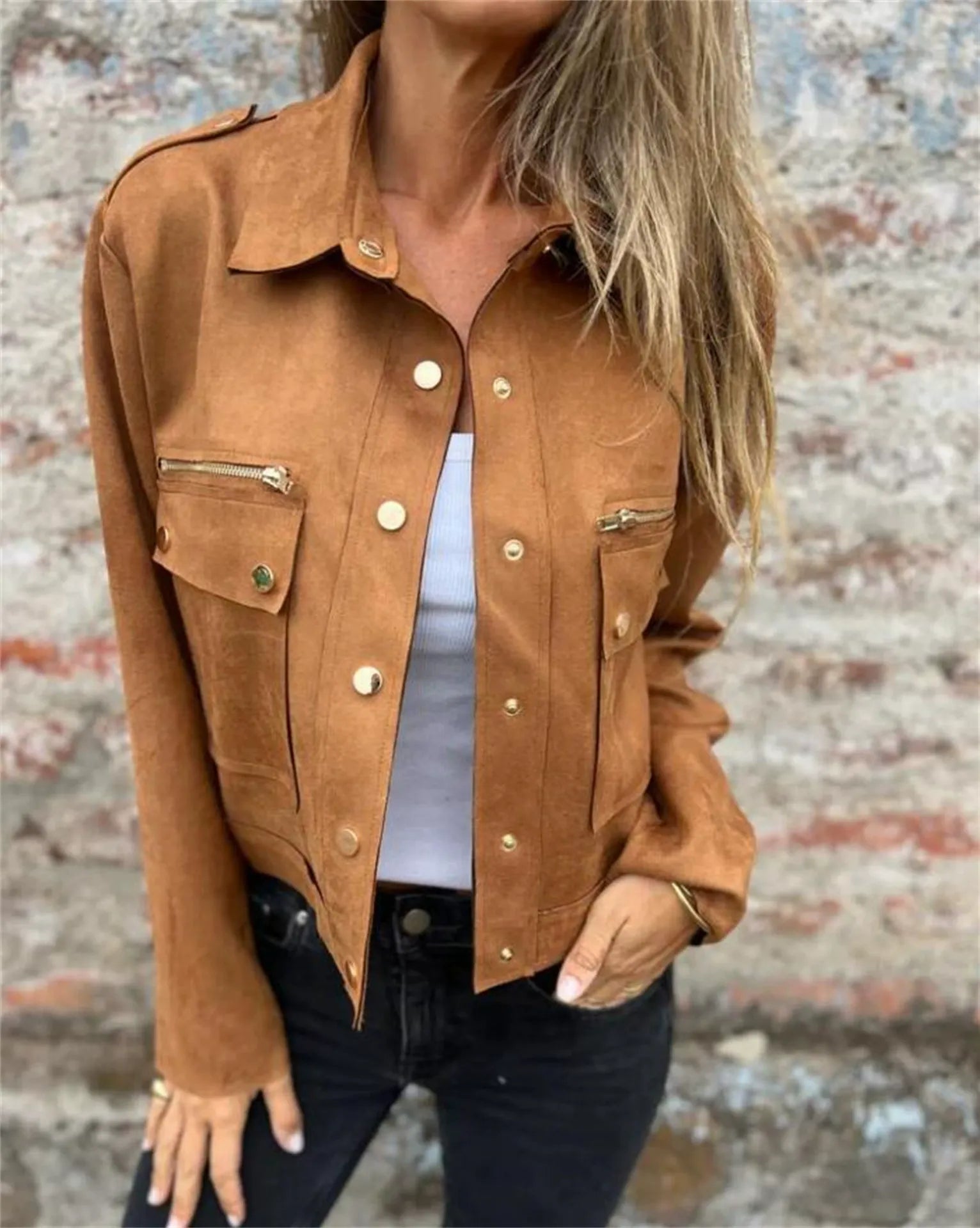 Darcie | Stylish Tailored Suede-Look Jacket with Zip and Button Detail