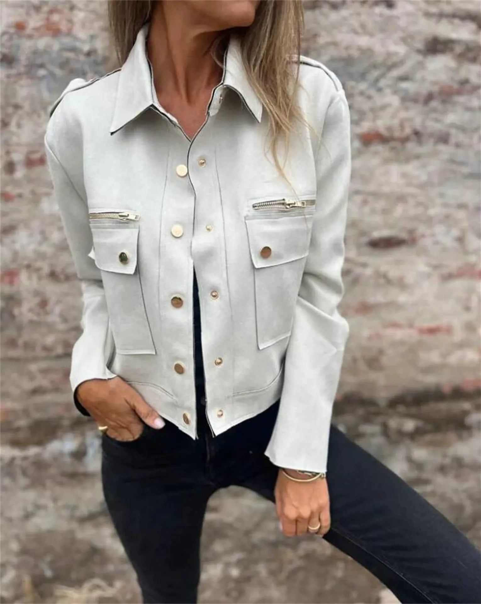 Darcie | Stylish Tailored Suede-Look Jacket with Zip and Button Detail