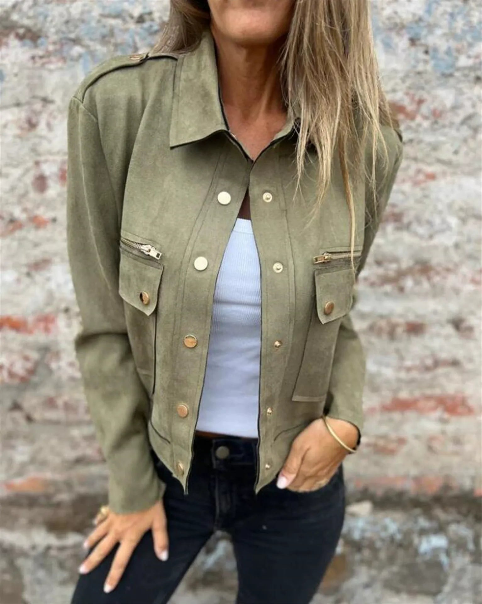 Darcie | Stylish Tailored Suede-Look Jacket with Zip and Button Detail