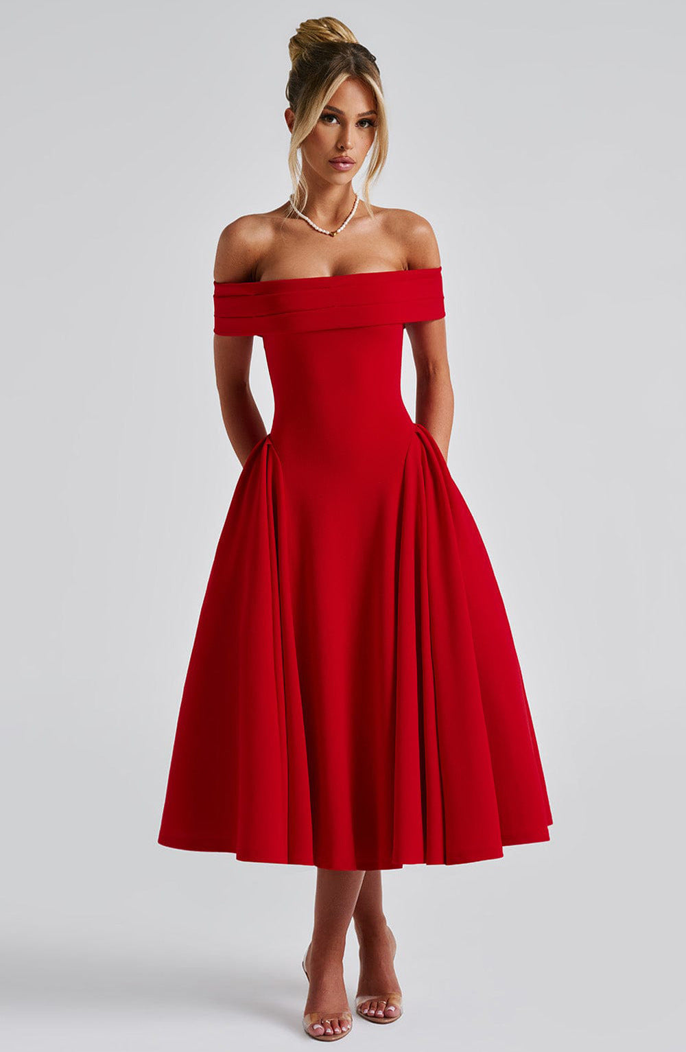 Delilah | Polished Off-Shoulder Flare Midi Christmas Dress