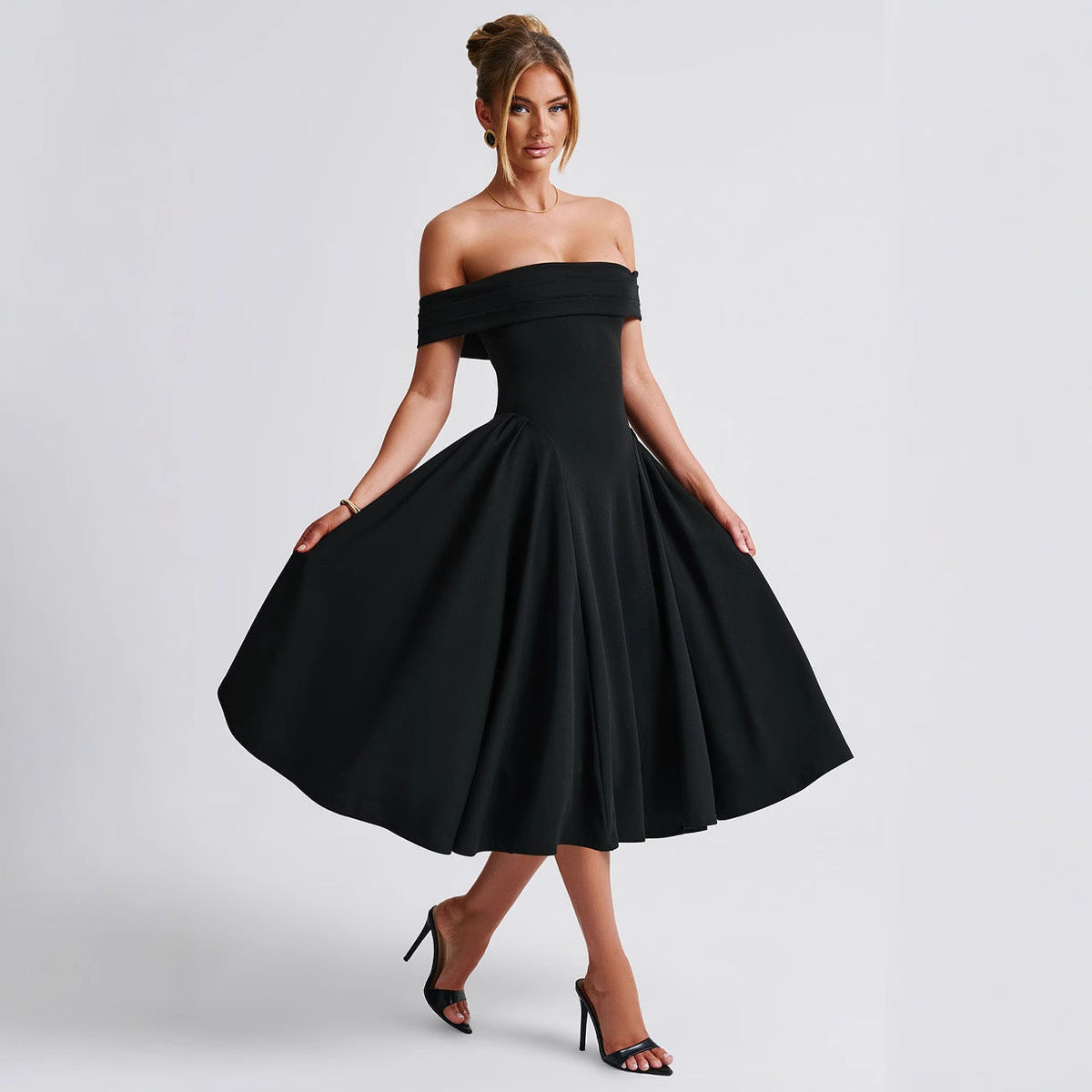 Delilah | Polished Off-Shoulder Flare Midi Christmas Dress